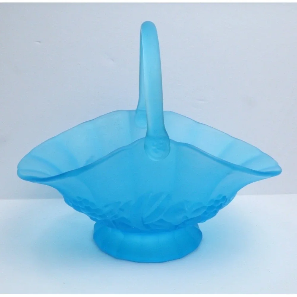 VTG Satin Blue Indiana‎ Glassware Raised Fruits Design Basket Decorative MCM